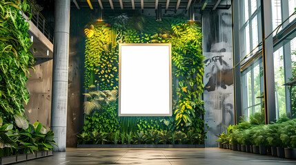 Blank Canvas in Greenery: A blank canvas stands prominently against a vibrant green living wall, a unique and natural backdrop in a modern interior setting.
