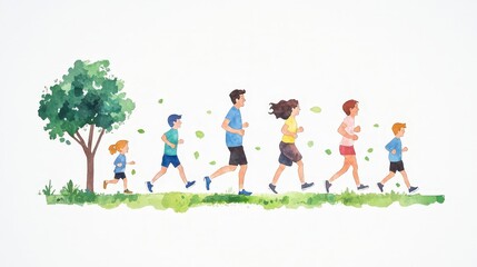 Fototapeta premium Family Group Running in Nature with Greenery and Cheerful Vibes