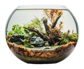 Lush planted aquarium with natural decor, cut out - stock png.