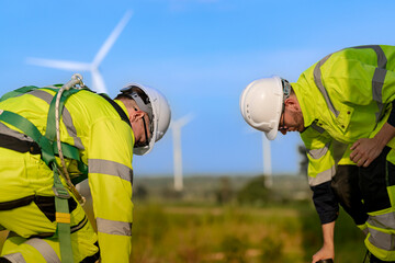 Two engineers wearing high visibility safety jackets and helmets measure wind speed with an...
