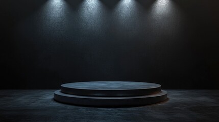 Black Circular Platform with Three Spotlights Against a Dark Background