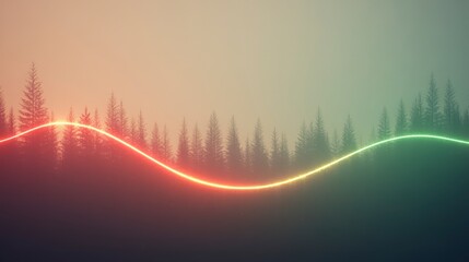 Abstract Evening Landscape with Colorful Light Waves and Trees