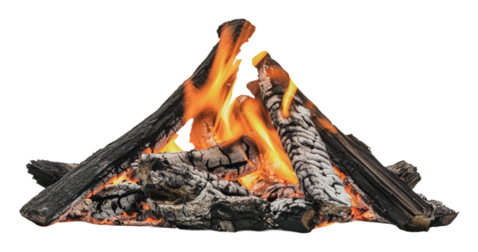 Bright flames dance in a cozy fire setup, cut out - stock png.