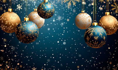 Chrstmas balls hang against a dark, sparkling background