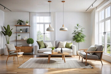 Fototapeta premium Bright, minimalist living room with wooden furniture, plants, and large windows.