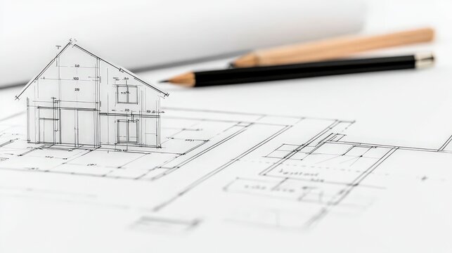 Architectural Blueprint with House Sketch and Drawing Tools