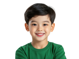 Smiling young boy in green shirt, portrait of childhood joy and happiness 