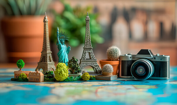 Miniature travel models of iconic landmarks placed on a detailed city map highlight global architecture