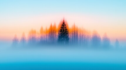 Serene Misty Landscape with Silhouetted Trees at Sunrise