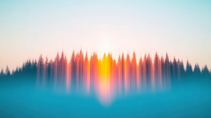 Serene Sunrise Over Forest with Soft Haze and Gradient Colors