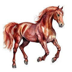 Obraz premium Watercolor painting of a chestnut horse in motion, showcasing its powerful musculature and flowing mane and tail.