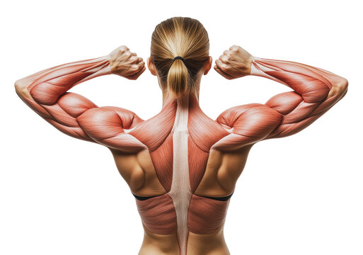 Detailed view of human muscle anatomy in action, cut out - stock png.