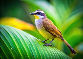 Fototapeta premium Stunning Tilt-Shift Photography of a Yellow-vented Bulbul in Lush Tropical Setting - Nature, Wildlife, Birdwatching, Avian Beauty, Colorful Plumage,