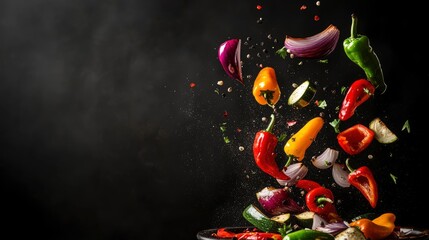 Colorful vegetables flying above a bowl, showcasing freshness and culinary creativity.