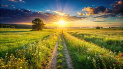 Fototapeta premium Straight Path Meadow Landscape Photography - Rural Scenery, Countryside Walkway, Grassland Trail Image