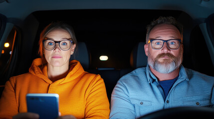 Distracted driving versus safe driving in car at night. woman in orange hoodie uses her phone while man in blue shirt looks concerned