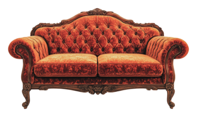 Luxurious crimson velvet sofa with ornate details, cut out - stock png.