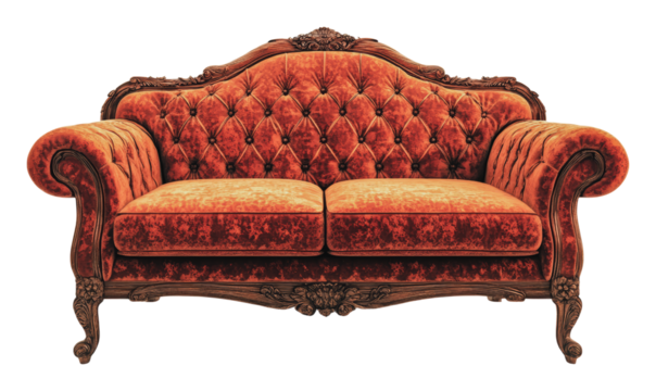 Luxurious crimson velvet sofa with ornate details, cut out - stock png.