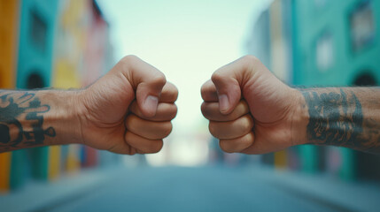 Fists with tattoos meeting in vibrant urban alley, symbolizing unity and strength. colorful background adds lively touch to this powerful moment