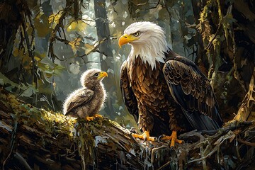 Majestic Bald Eagle and Chick in a Forest Setting, Illustrated in a Painterly Style.