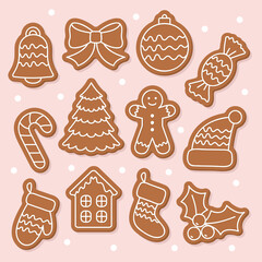 gingerbread cookies set, Christmas biscuits or Lebkuchen, vector decorative elements