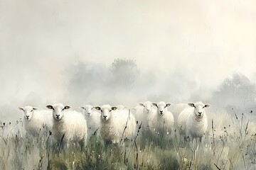 Serene Flock of Sheep in Misty Meadow A Pastoral Oil Painting.