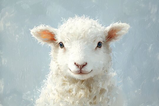 A charming portrait of a fluffy white lamb, painted in a textured impasto style against a pale blue background.