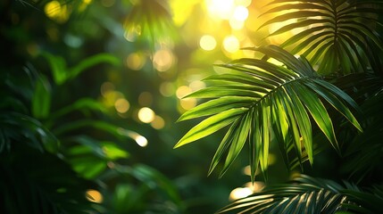 Lush green foliage illuminated by sunlight, creating a serene and vibrant atmosphere.