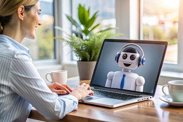 Happy woman video conferencing with a friendly robot on her laptop at home.