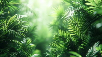 Lush green foliage in a vibrant, illuminated forest setting.