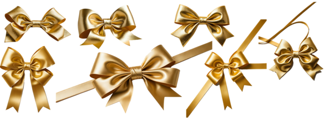 set of golden Bow isolated on white or transparent background, with ribbon for Christmas,  birthday and celebration decorations, PNG file, 300dpi
