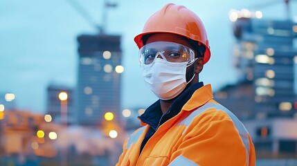 A construction worker in an orange safety suit and helmet, wearing goggles and a mask, poses confidently at a job site during twilight.