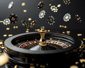 Luxurious black and golden casino chips with a roulette wheel and aces floating on a dark background
