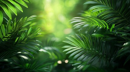 Lush green foliage with sunlight filtering through, creating a serene atmosphere.