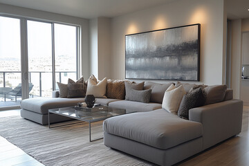 Fototapeta premium Stylish living room featuring a modern grey sectional couch and glass coffee table