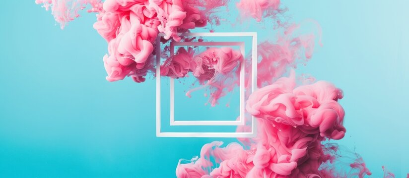 abstract white square frame with pink clouds and liquid paint on blue background
