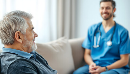 Obraz premium Selective focus of calm gray haired man sitting on couch, near smiling nurse isolated with white highlights, png