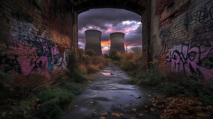 Fototapeta premium Abandoned Industrial Landscape Featuring Cooling Towers Under Dramatic Sunset Sky with Vibrant Graffiti on Rustic Walls and Overgrown Pathway