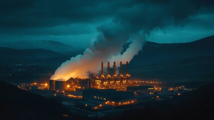 Industrial Power Plant Surrounded by Mountains at Dusk, Emitting White Smoke and Orange Light Under Darkened Sky, Captivating Urban Landscape View