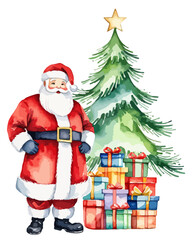 Christmas watercolor illustration of a Santa Claus standing by a Christmas tree with colorful gift boxes on a white background. Perfect for Christmas background, greeting card and holiday decorations.