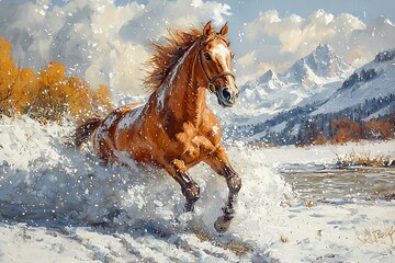 A Majestic Palomino Horse Galloping Through a Snowy Landscape.