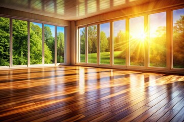 Fototapeta premium Macro Photography: Empty Room, Wood Floor, Large Windows, Copy Space, Sunlight, Interior Design, Minimalist, Natural Light