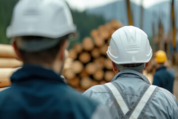 Professional forestry workers conducting timber quality inspection at sustainable logging operation demonstrating environmental commitment through responsible wood sourcing and traceability practices