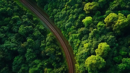 Scenic Aerial View of Winding Train Tracks Through Dense Green Forest Surrounding Nature and Tranquility in Vibrant Earth Tones Captured in Bright Daylight