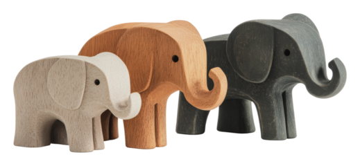 Decorative wooden elephants in various colors, cut out - stock png.
