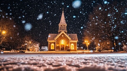 Fototapeta premium Snow falls on a brightly lit church at night.