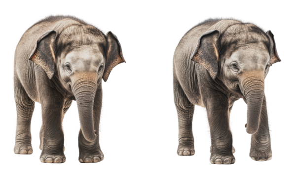Two young elephants walking side by side, cut out - stock png.