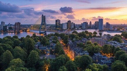 Obraz premium Aerial panoramic view of Rotterdam city skyline at sunset with a bridge over a river, lush greenery, and illuminated buildings.