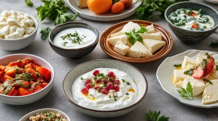 A selection of delicious dairy-based dishes, such as creamy cheese and fresh yogurt, beautifully presented with vibrant colors under soft studio lighting.