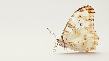 A side view of a butterfly, captured in intricate detail, showcasing its delicate wings and vibrant patterns, set against a clean white background. The butterfly’s graceful form is highlighted, 